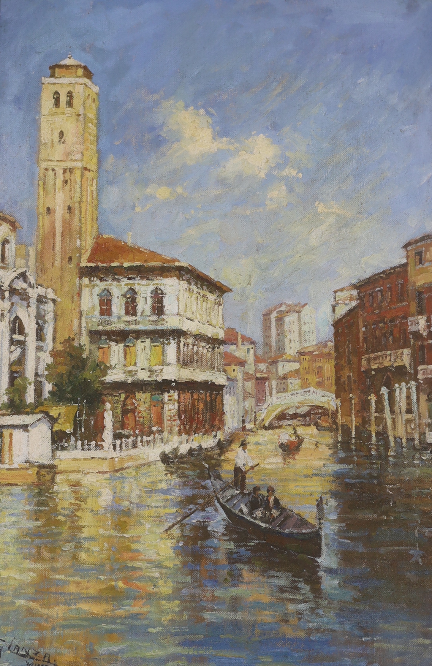 After Giovanni Lanza (1827-1889), oil on canvas board, Venetian canal with gondoliers, bears signature, 89 x 60cm, ornate gilt frame
